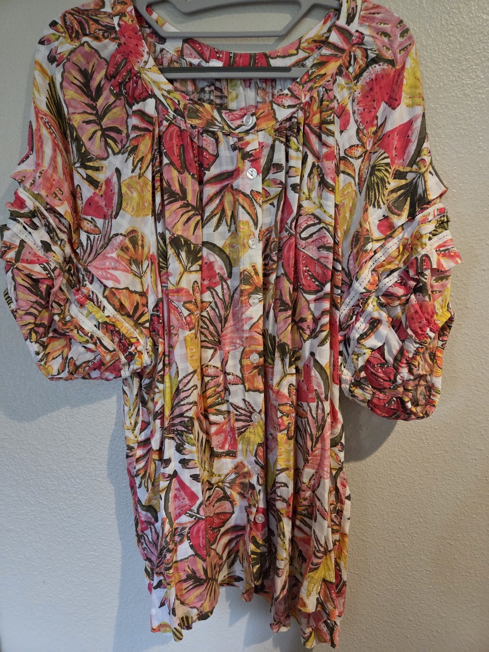 Women's Floral Button-Front Bubble Sleeve Peasant Top - Pink & Yellow 2X